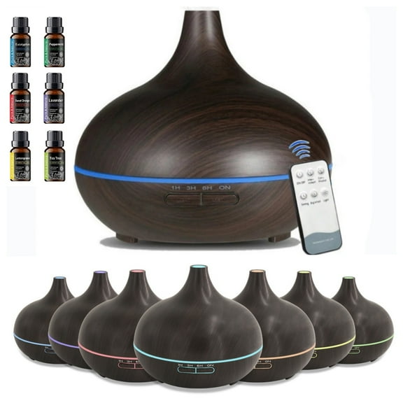 BR JRSQ Large 550ml Aromatherapy Diffuser for Bedroom & Office, Wood Grain Ultrasonic Humidifier with Remote, 7 Color LED, 6 Essential Oils