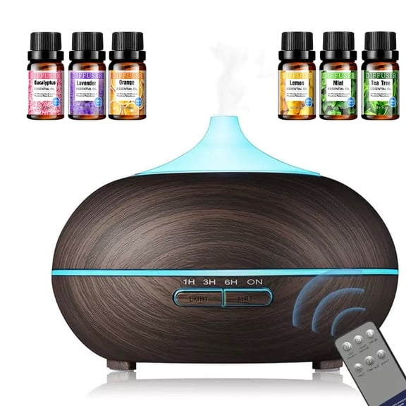 BRJSQ Ultrasonic Aromatherapy Diffuser with 6 Essential Oils  Remote Control  Auto Shut Off & 7 Color LED  Cool Mist Humidifier for Large Rooms & Offices