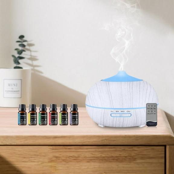 BRJSQ Wood Grain Essential Oil Diffuser (550ml) w/ Remote  7 Color LED & 6 Oils  Ultimate Aromatherapy & Humidifier Set