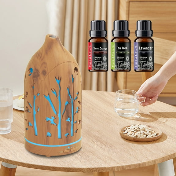 BRJSQJP 300ML Aromatherapy Essential Oil Diffuser Wood Grain Ultrasonic Air Humidifier Cool with 7 Color LED Lights 3 Essential Oils