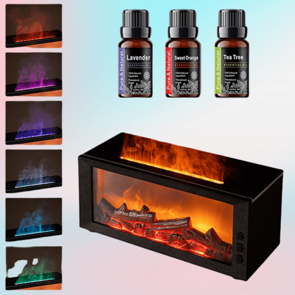 BRJSQJP 300ml Fireplace Diffuser Essential Oil Aroma Humidifier with 7 Color Changing LED Lights Large Flame Effect Remote Control Timer & Auto Shut Off for Home Office Yoga Bedroo