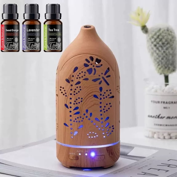 BRJSQJP Hollowed-out Air Humidifier Aroma Diffuser For Essential Oils  Steam Wood Grain Diffuser With Lights