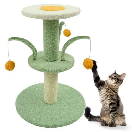 BRKURLEG Cat Scratching Post 19", Sisal Cat Scratcher with Interactive Dangling Ball, Scratch Post with Perch for Indoor Cats Kittens