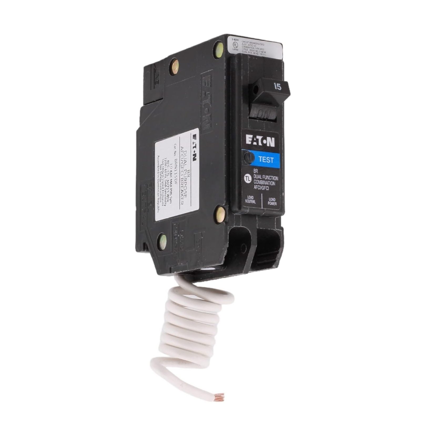 BRN115DF 15 Amp Single Pole Dual Function AFCI/GFCI Circuit Breaker, Pigtail Neutral, 120/240V