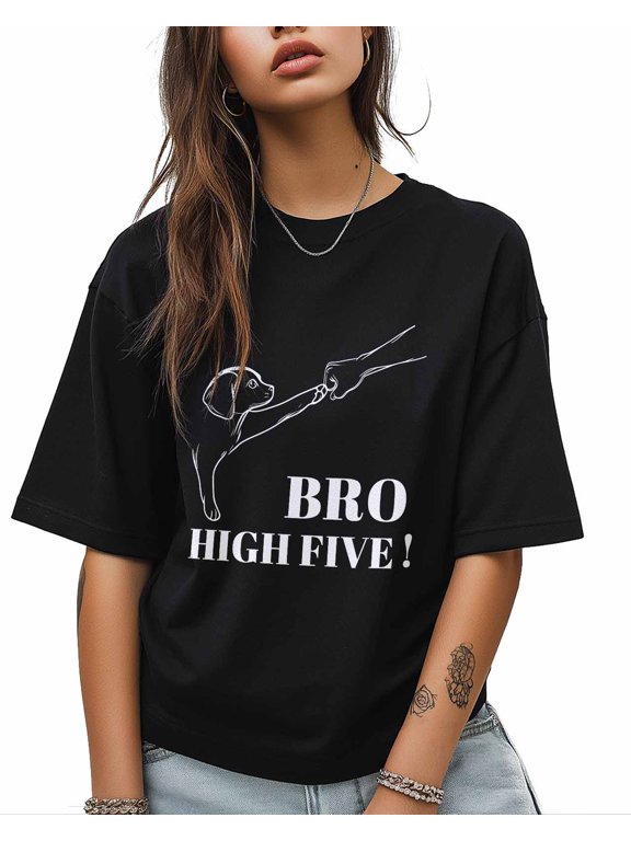 BRO HIGH FIVE! T Shirts for Women Short Sleeve Cotton Crewneck T-Shirt Dog Fist Bump Tee Tops Casual Basic T-Shirts, XS-5XL Black XS