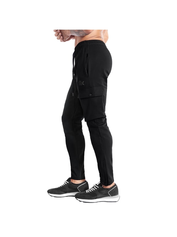 Men's Slim Fit Cargo Joggers, 65% Cotton Blend Athletic Sweatpants with Ankle Zippers & Multi Pockets, Workout Gym Pants for Running Training Casual Wear (Large, Black)
