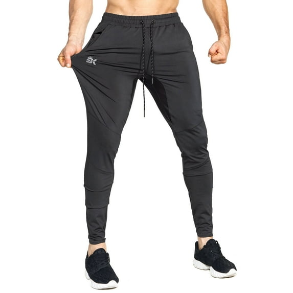 BROKIG Mens Stretch Lightweight Gym Joggers Pants Workout Athletic Sweatpants with Zip Pocket (Large, Black)