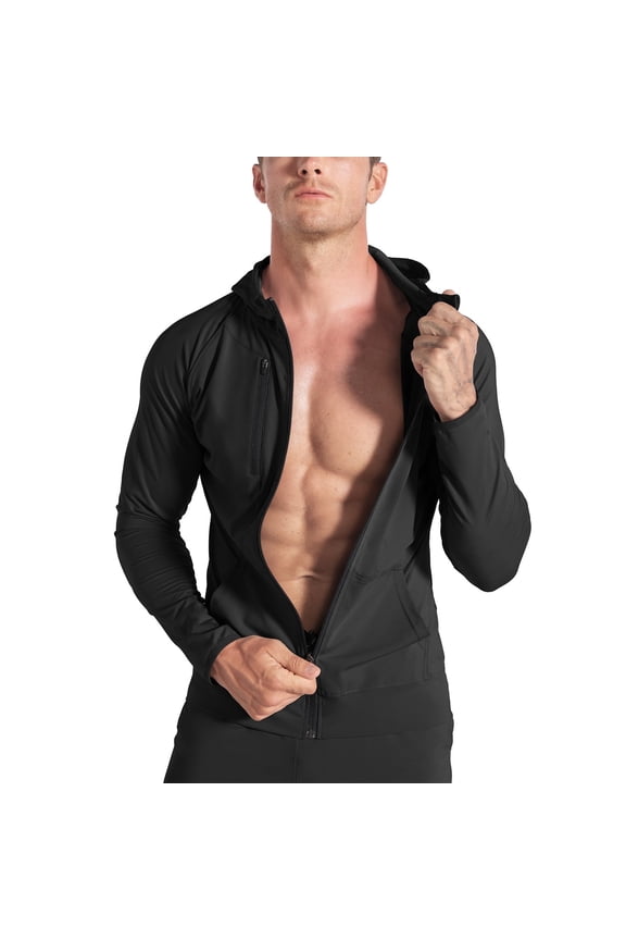 Mens Full Zip Up Lightweight Gym Workout Hoodies, Quick-Drying Running Jacket Athletic Hooded Sweatshirts Long Sleeve with Pockets (Large, Black)