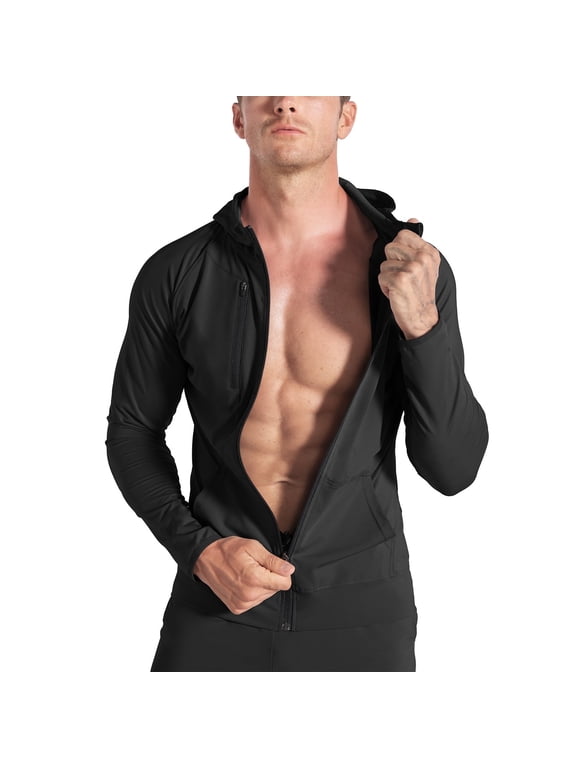 Mens Full Zip Up Lightweight Gym Workout Hoodies, Quick-Drying Running Jacket Athletic Hooded Sweatshirts Long Sleeve with Pockets (Large, Black)