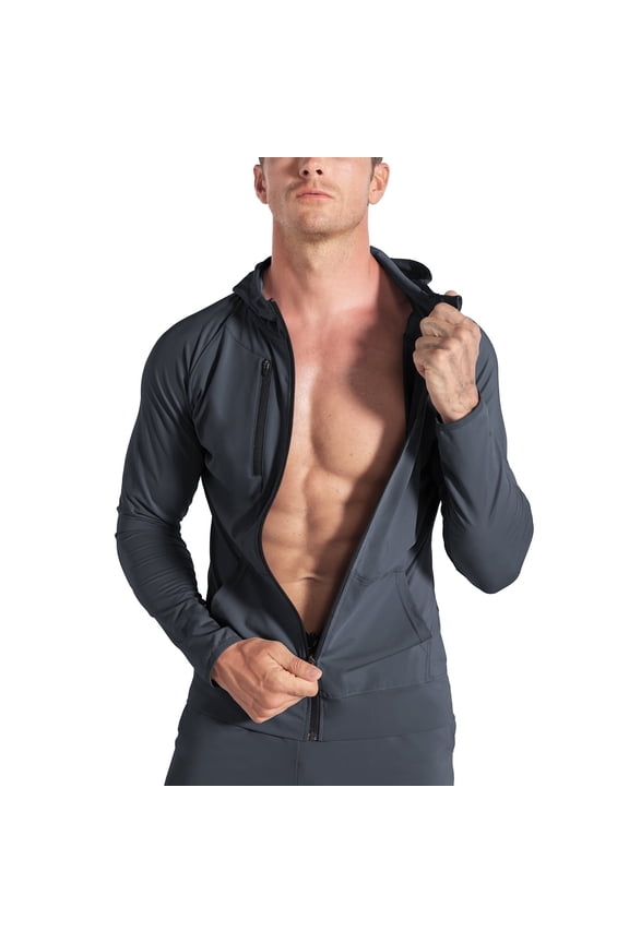 Mens Full Zip Up Lightweight Gym Workout Hoodies, Quick-Drying Running Jacket Athletic Hooded Sweatshirts Long Sleeve with Pockets (Large, Dark Grey)