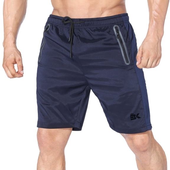 BROKIG Mens Sidemesh Workout Running Shorts with Zip Pockets Gym Athletic Shorts (X-Large, Navy)