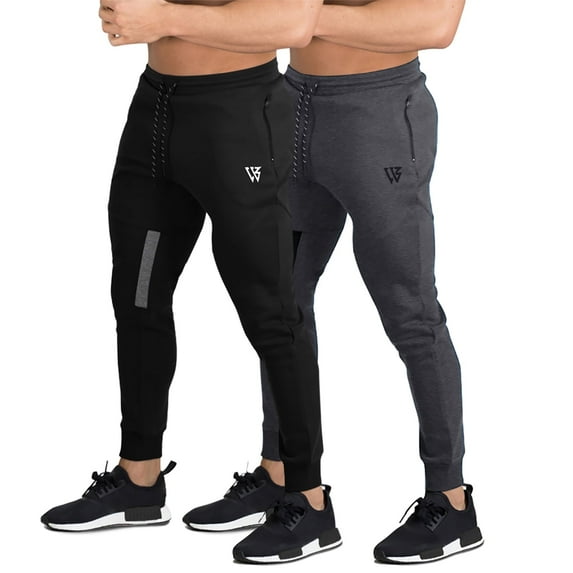 BROKIG Mens Slim Tapered Workout Joggers Breathable Running Sweatpants Gym Training Pants with Zip Pockets(X-Large,Black+Dark Gray)