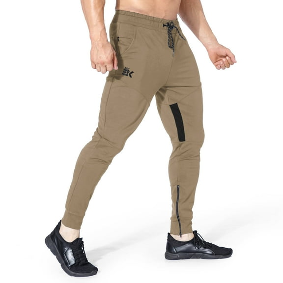 BROKIG Mens Thigh Mesh Gym Jogger Pants, Casual Slim Fit Tapered Workout Training Sweatpants with Zipper Pocket (Large, Beige)