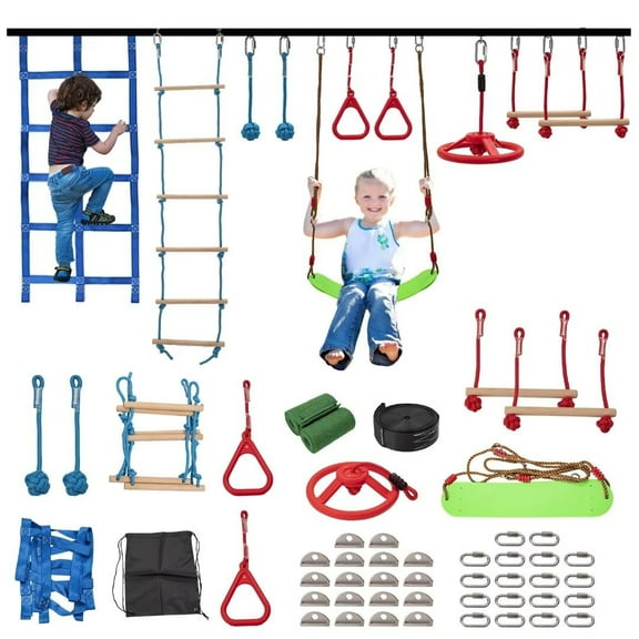 BRONKIGE 60FT Ninja Slackline Kit for Kids(10 Obstacles), Durable Playset Equipment with 10 Complete Set-Monkey Bar,Swing, Climbing Ladder & Net