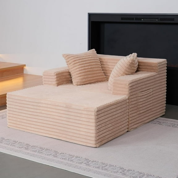 BRONKIGE Cloud Corduroy Sectional Sofa Couch, Modern Plush Upholstered Boneless Sofa Bed Chaise Lounge Chair with Throw Pillows for Living Room Bedroom Grey, No Assembly Required