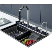 BRONSTARZ 29.5 Inch Kitchen Sink Digital Display Embossed Large Single Groove honeycomb Black Nano Raindance Waterfall Sink with Pressurized Cup Washer and Two Waterfalls