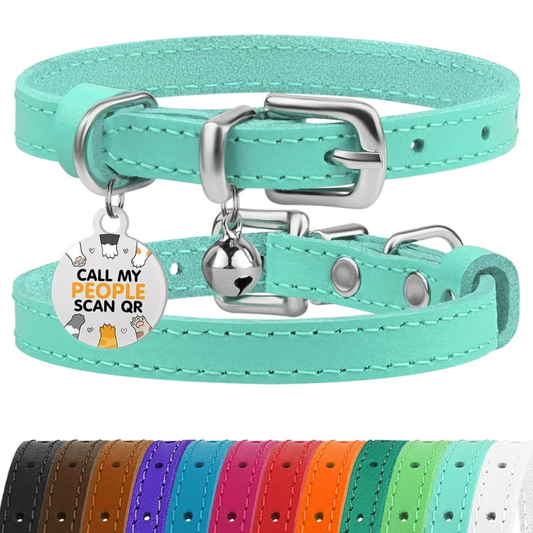 BRONZEDOG Leather Cat Collar with Bell Non Breakaway Kitten QR Tag for Girl Boy 7 9 for Cats Turquoise Silver Walmart