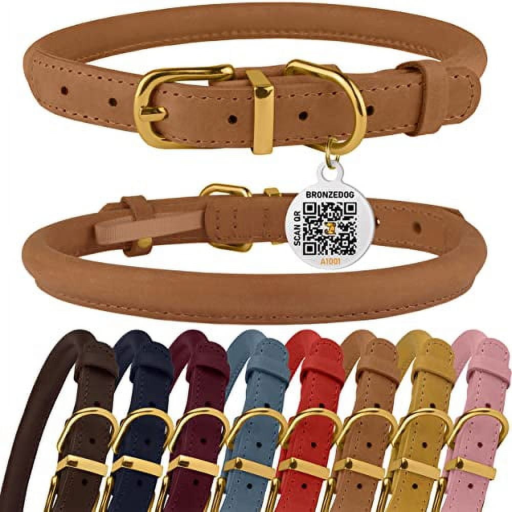 BRONZEDOG Rolled Leather Dog Collar with QR ID Tag Adjustable Soft