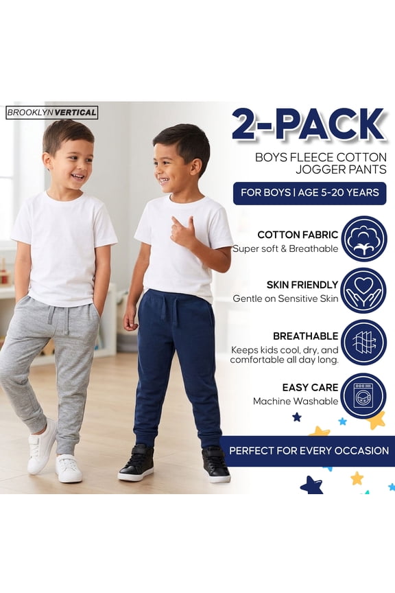 2-Pack Boys French Terry Joggers Pant|Soft Comfortable Cotton,Drawstring Pull,Pockets| Small-XL