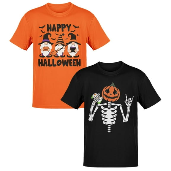 BROOKLYN VERTICAL 2-Pack Halloween Kids Youth Printed T Shirt Pumpkin Skeleton Bones Ages 6-20