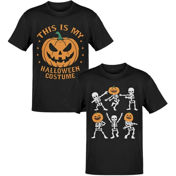 BROOKLYN VERTICAL 2-Pack Halloween Kids Youth Printed T Shirt Pumpkin Skeleton Bones Ages 6-20