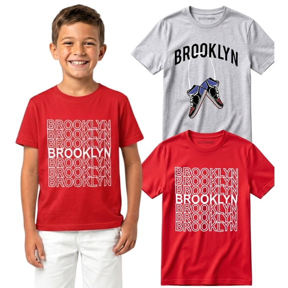 BROOKLYN VERTICAL 2-Pack Boys Short Sleeve Crew Neck T-Shirt with Chest Print | Soft Cotton Graphic Tees Sizes 6-20