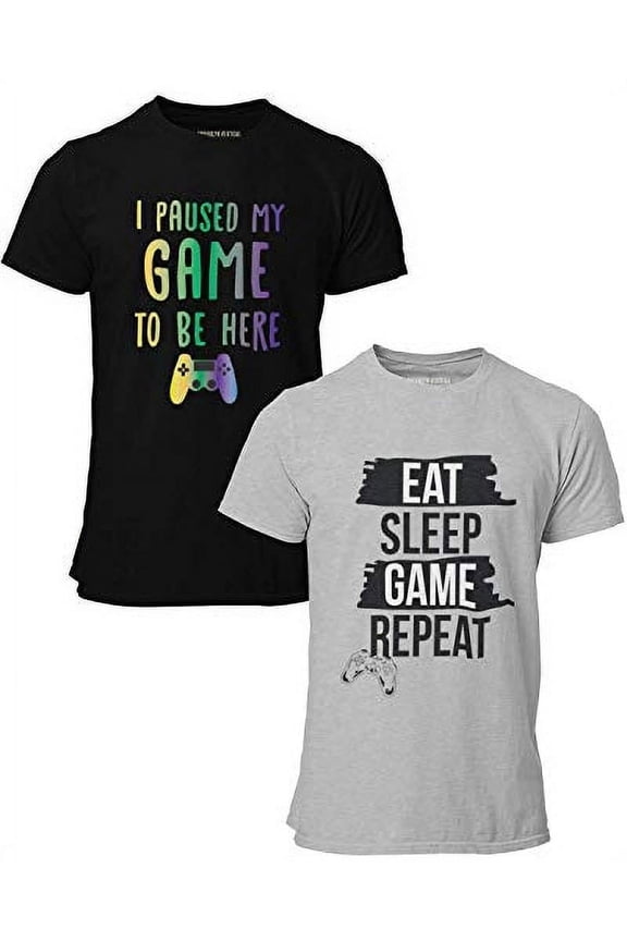 2-Pack Video Gamer Gaming Short Sleeve Crew Neck T-Shirt with Chest Print | Soft Cotton Graphic Tees Sizes S-XL