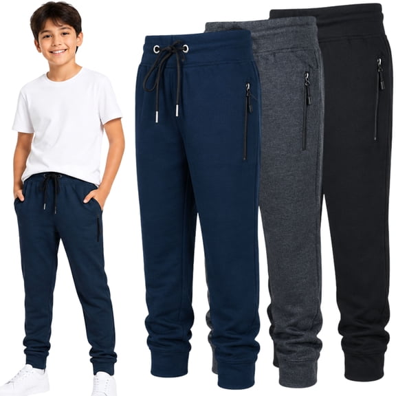BROOKLYN VERTICAL 3-Pack Boys Fleece Cotton Joggers Sweatpants with Reflective Zipper Pocket and Drawstring | Small-XL