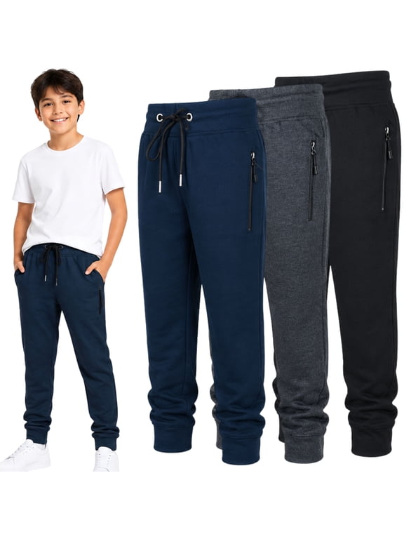 3-Pack Boys Fleece Cotton Joggers Sweatpants with Reflective Zipper Pocket and Drawstring | Small-XL