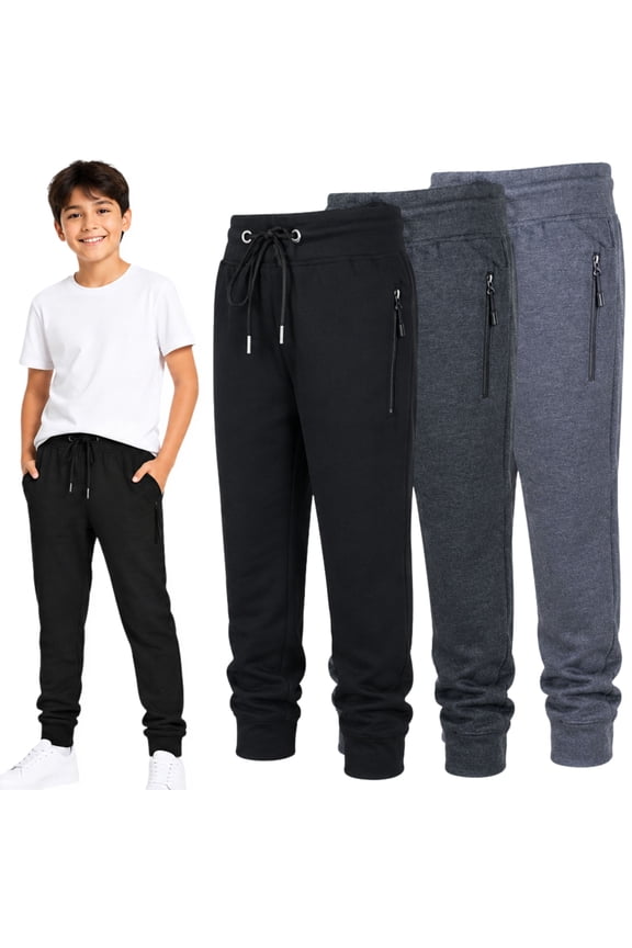 3-Pack Boys Fleece Cotton Joggers Sweatpants with Reflective Zipper Pocket and Drawstring | Small-XL