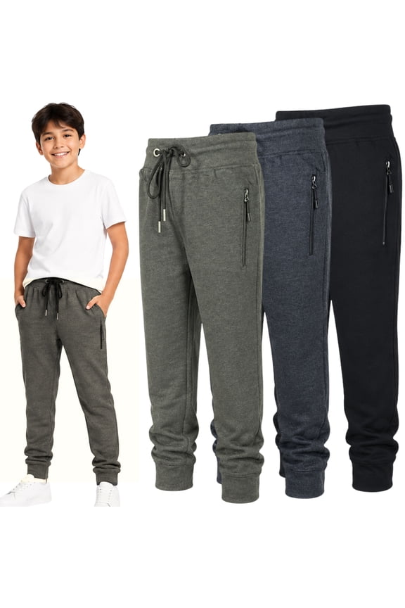 3-Pack Boys Fleece Cotton Joggers Sweatpants with Reflective Zipper Pocket and Drawstring | Small-XL
