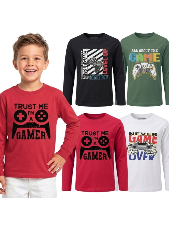 Boys' Crew Neck Long Sleeve T-Shirts, 4-Pack, Soft Cotton, Sizes 6-20