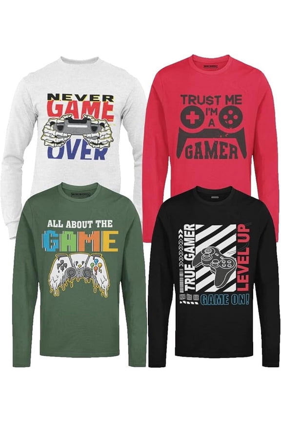 Boys Long Sleeve Crew Neck T-Shirt, 4-Pack, Soft Cotton, Sizes 6-20