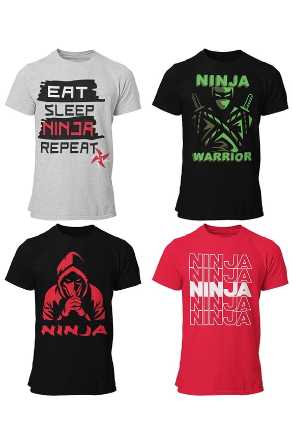 4-Pack Boys Ninja Short Sleeve Crew Neck T-Shirt with Chest Print | Soft Cotton Sizes 6-20
