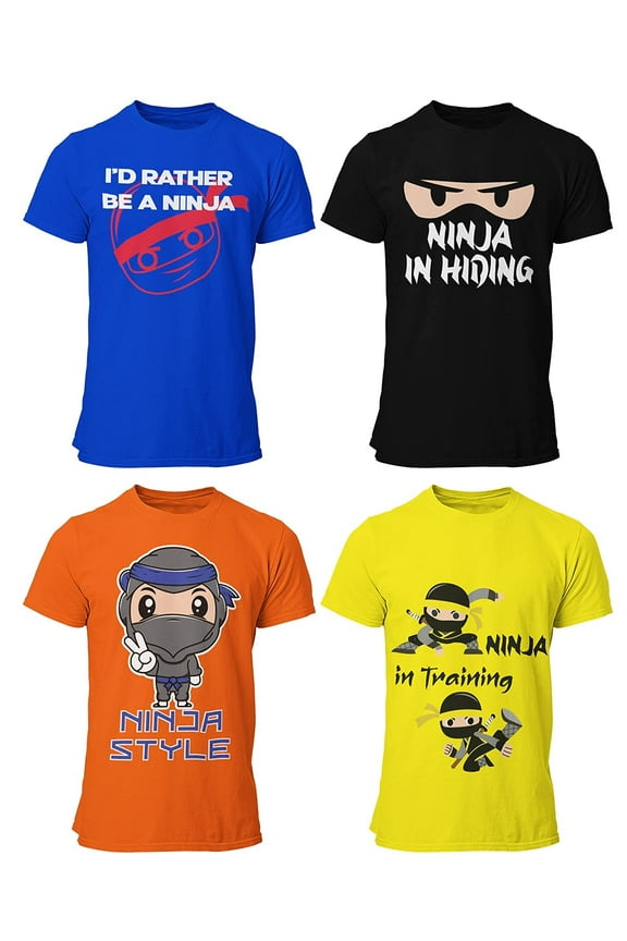 4-Pack Boys Ninja Short Sleeve Crew Neck T-Shirt with Chest Print | Soft Cotton Sizes 6-20