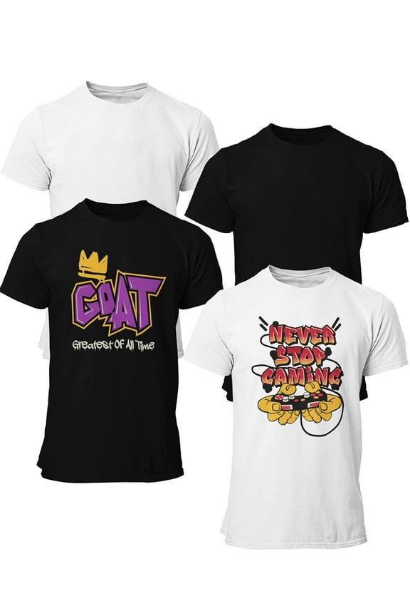 4-Pack Boys Short Sleeve Crew Neck T-Shirt with Prints and No Prints | Soft Cotton Sizes 6-20 (Combo A, L)