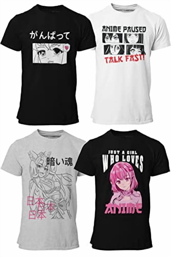 Cute Anime Short Sleeve T-Shirts, 4-Pack Casual Graphic Tees