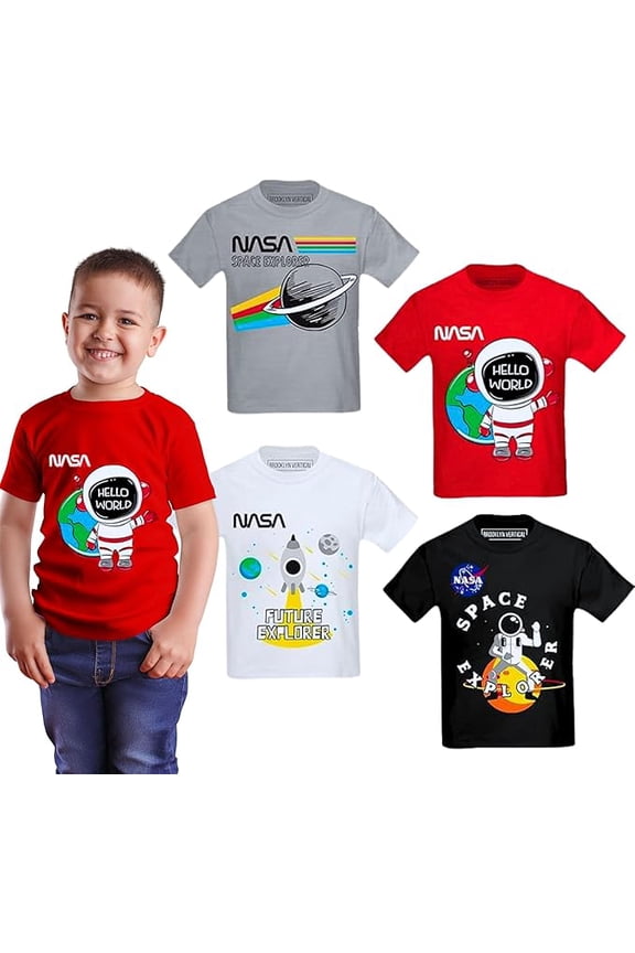4-Pack Toddler NASA Print Outer Space Rocket Ship Short Sleeve T-Shirt | Soft Cotton Sizes 2T-4T