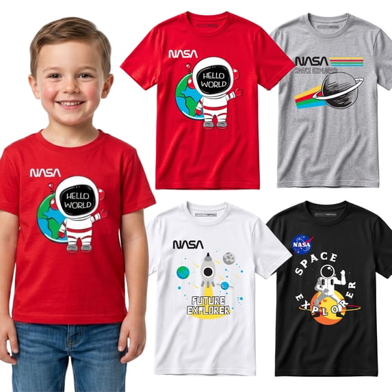 BROOKLYN VERTICAL 4-Pack Toddler NASA Print Outer Space Rocket Ship Short Sleeve T-Shirt | Soft Cotton Sizes 2T-4T