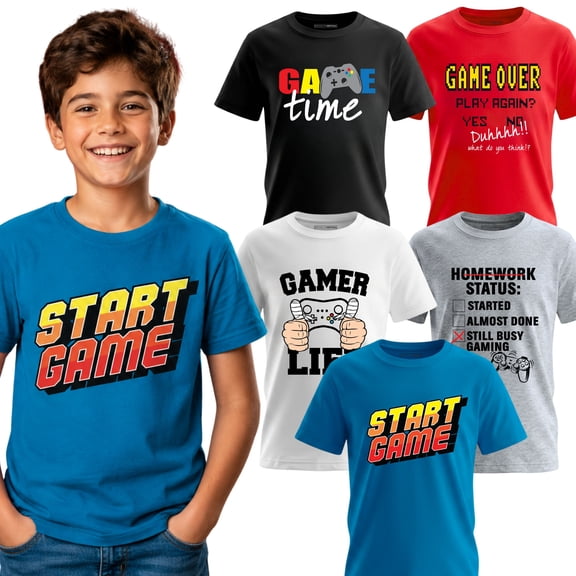 Brooklyn Vertical Boys' 5-Pack Video Gamer Gaming T-Shirts, Soft Cotton, Short Sleeve, Sizes 6-20