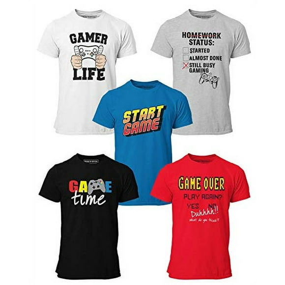 BROOKLYN VERTICAL 5-Pack Boys Video Gamer Gaming Short Sleeve Crew Neck T-Shirt with Chest Print | Soft Cotton Sizes 6-20