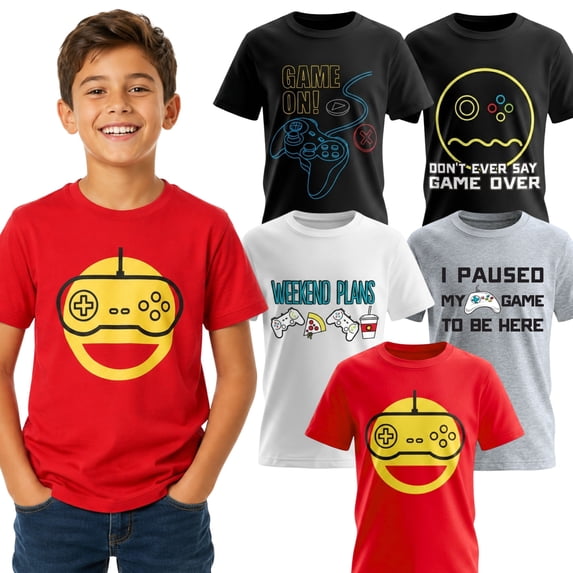 Brooklyn Vertical Boys Gaming Short Sleeve T-Shirt, Chest Print, Soft Cotton, Pack of 5, Sizes 6-20