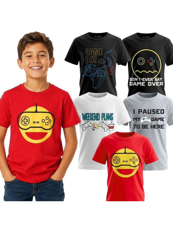 Kids Graphic Tees - 5-Pack Boys Video Gamer Gaming Short Sleeve T-Shirt, Soft Cotton Sizes 6-20