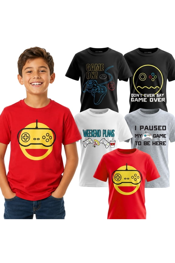 Kids Graphic Tees - 5-Pack Boys Video Gamer Gaming Short Sleeve T-Shirt, Soft Cotton Sizes 6-20