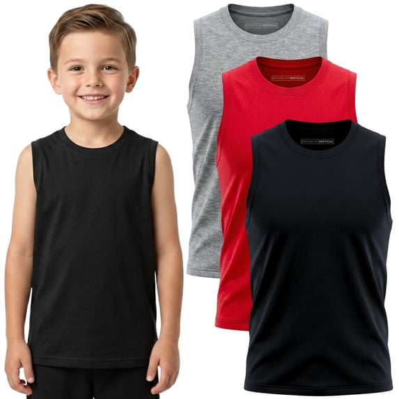 BROOKLYN VERTICAL Boys 3 Pack Muscle Shirt Sleeveless Tee - Tagless Cotton Super Soft