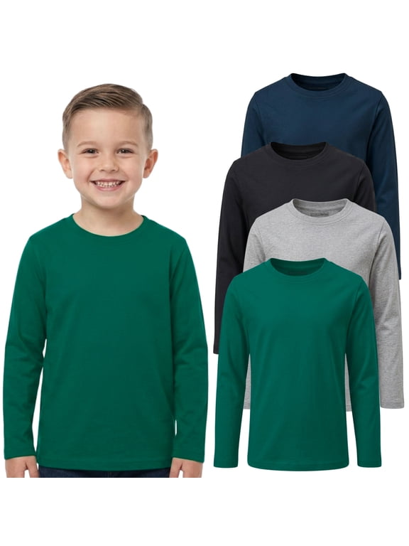 Boys 4-Pack Long Sleeve Cotton Tee Shirts – Soft, Comfortable Undershirts for Kids, Basic Layering Shirts