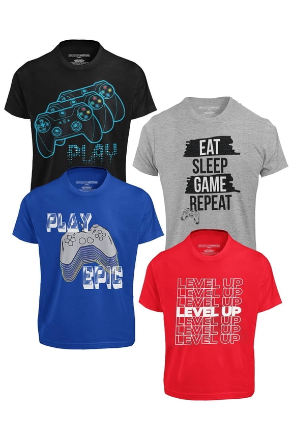 Boys 4-Pack Short Sleeve Crew Neck T-Shirt with Chest Print | Gaming, Play, Video Gamer Prints for Sizes 6-21