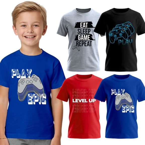 BROOKLYN VERTICAL Boys 4-Pack Short Sleeve Crew Neck T-Shirt with Chest Print | Gaming, Play, Video Gamer Prints for Sizes 6-21