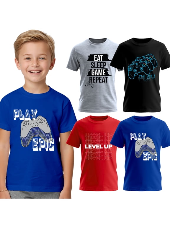 Boys 4-Pack Short Sleeve Crew Neck T-Shirt with Chest Print | Gaming, Play, Video Gamer Prints for Sizes 6-21