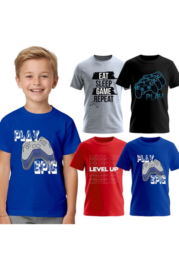 Boys 4-Pack Short Sleeve Crew Neck T-Shirt with Chest Print | Gaming, Play, Video Gamer Prints for Sizes 6-22